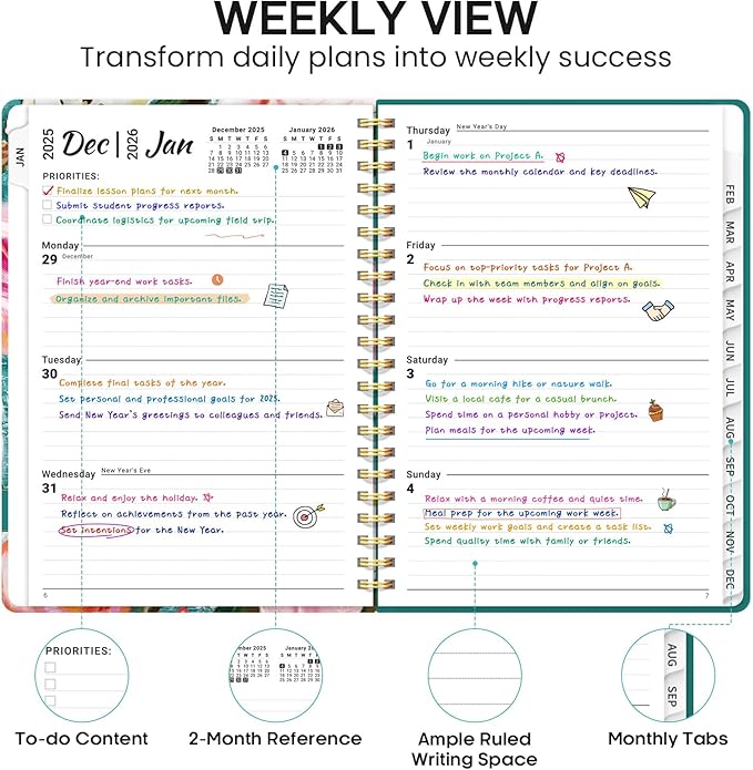 2026 Planner, Weekly and Monthly Calendar Planner Book, January 2026 - December 2026, Hardcover Spiral Planner with Monthly Tabs, Notes Pages, Perfect for Women & Men, A5 (6.4" x 8.5") - Oil