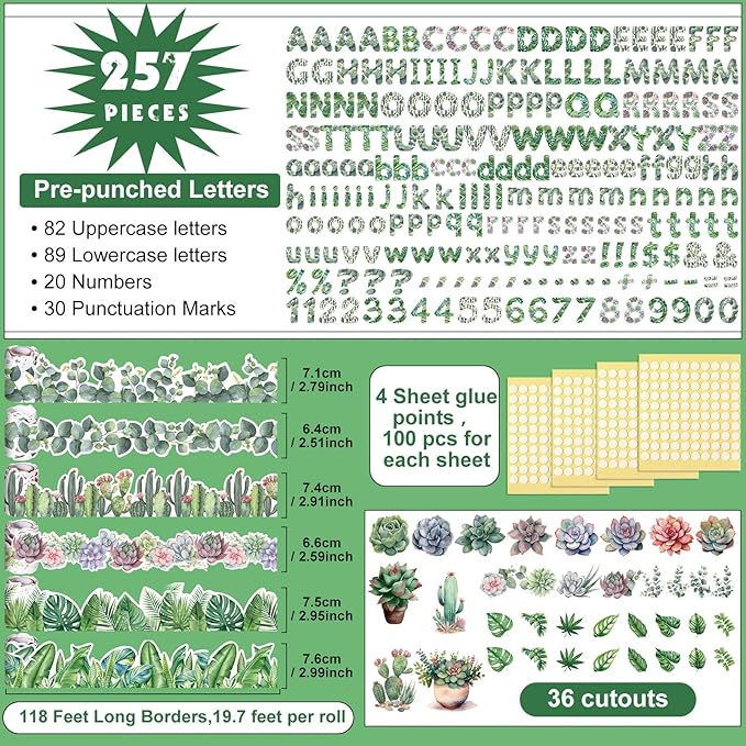 Kosiz Plant Bulletin Board Decoration Set 118 ft Scalloped Bulletin Board Borders Classroom Poster Border Trim with 257 Pcs Letter Number Symbol Cutout for School Decor