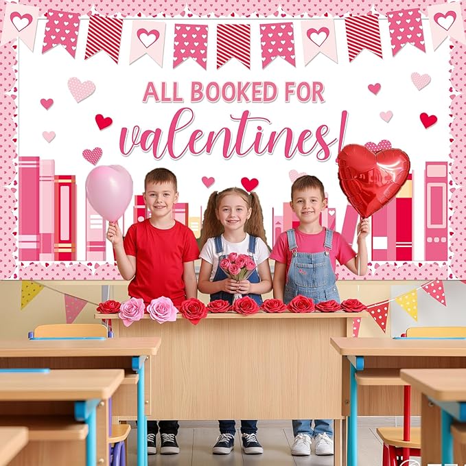 Valentine’s Day Reading Bulletin Board Set Valentine's Day Classroom Decoration All Booked for Valentines Bulletin Board Pink Red Heart Cutouts for Holiday Classroom Home School Chalkboard Wall Decor