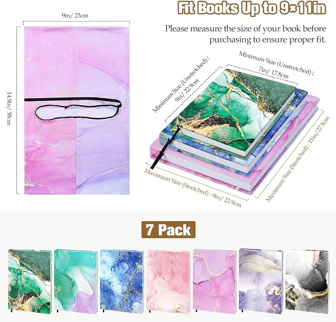 MoKo Book Cover, Stretchable Reusable Jumbo Book Cover Protector for Textbook Hardcover Books up to 9 x 11 in, Fabric Books Sox, Back to School Supplies, 7 Pcs, Marble Pattern