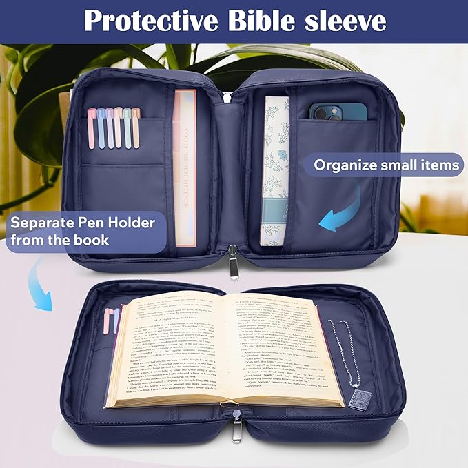 Small Bible Cover Case for Women and Men, 9x6 PU Leather Bible Sleeve, Compact Travel Bible Carrier Bag with Front Pen Holders, Zipper Closure, Inner Pockets - Navy Blue