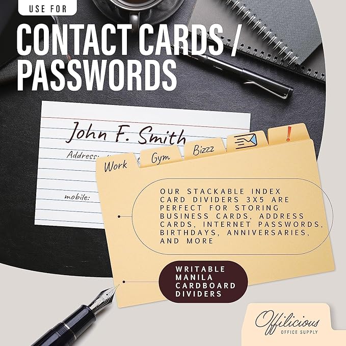 50 Heavyweight Manila Index Card Dividers 3x5 with Tabs & Alphabet Stickers for Recipe Cards