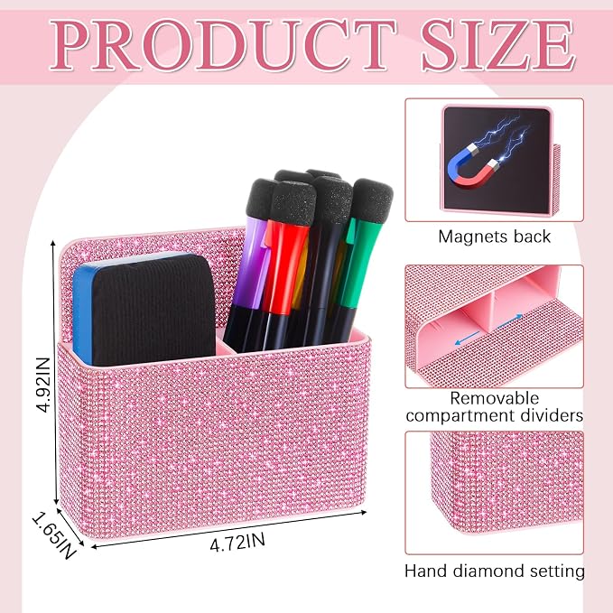 MotiMind Purple Locker Accessories for Girls, Bling Magnetic Pen Holder for Refrigerator, Back to School Rhinestone Marker Holder for Locker, Sparkly Gift for Student (Medium,Rhinestone)