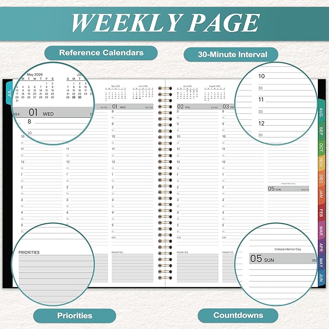 2026-2027 Appointment Book - 2026-2027 Planner, July 2026 - June 2027, 9" x 11", Daily Hourly Planner, Half Hour (30 Mins) Interval, Colorful Monthly Tabs, Lay-Flat, Inner Pocket