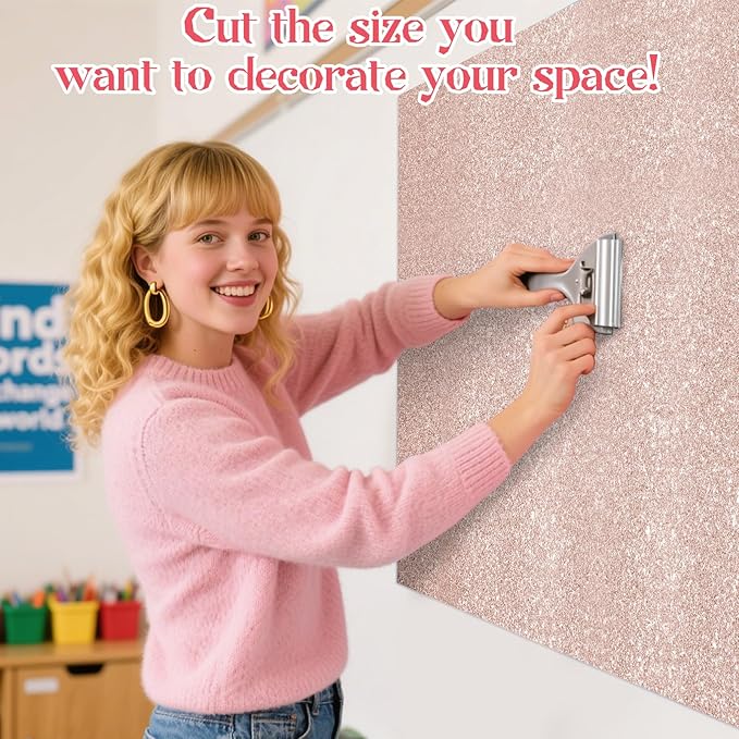 gisgfim Glitter Bulletin Board Roll Sparkle Bulletin Board Background Glitter Poster Paper Gift Wrapping DIY Art Crafts Non Fading Wallpaper for Home Office Classroom Decor 16" x20ft, Blush