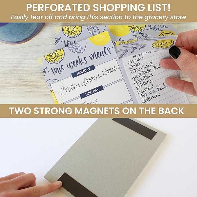 bloom daily planners Weekly Magnetic Meal Planning Pad for Fridge with Tear-Off Grocery Shopping List - Hanging Food/Menu Organizer Notepad with Magnets - 6” x 9" - Lemons