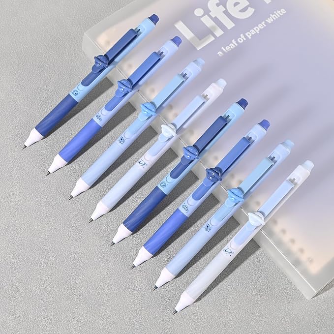 8 Pcs Cute Erasable Gel Pens with Erasers, 0.5 mm Fine Point Black & Blue Ink Pens, Smooth Writing Retractable Pen for Note Taking and Crossword Puzzles (Blue)