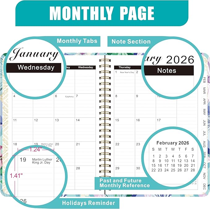 2026 Weekly and Monthly Planner, Medium 6.2 x 8.5 Inch, Hardcover with Floral Design, Jan-Dec Calendar, Spiral-Bound with Monthly Tabs, 100 GSM Paper (yellow flower) (puple blue flower))