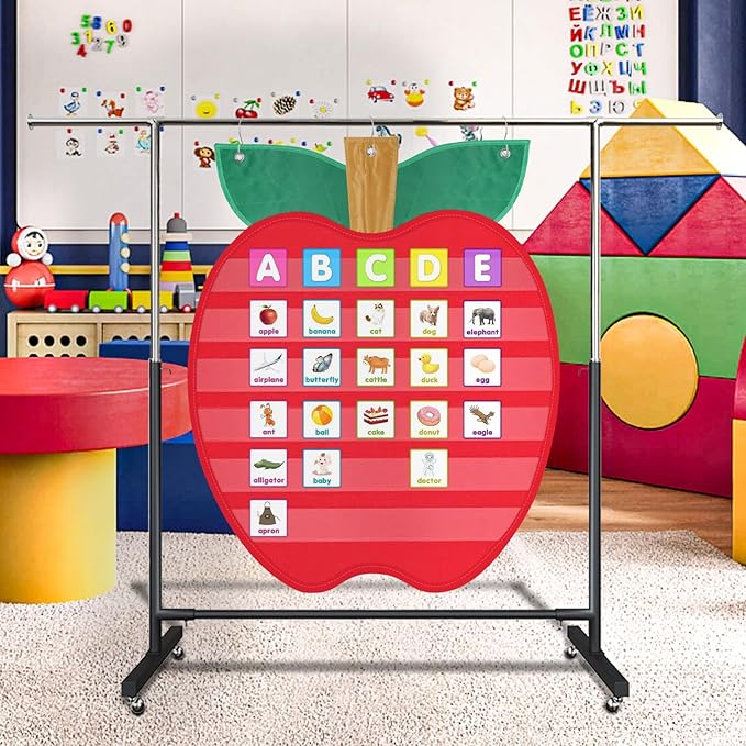 Large Pocket Chart for Classroom, 27 ½＂x 33 ⅞" Apple Shaped Hanging Pocket Charts for Kids, Back to School Supplies for Teacher, Pocket Charts with 6 Sentence Strips Holder (Red)