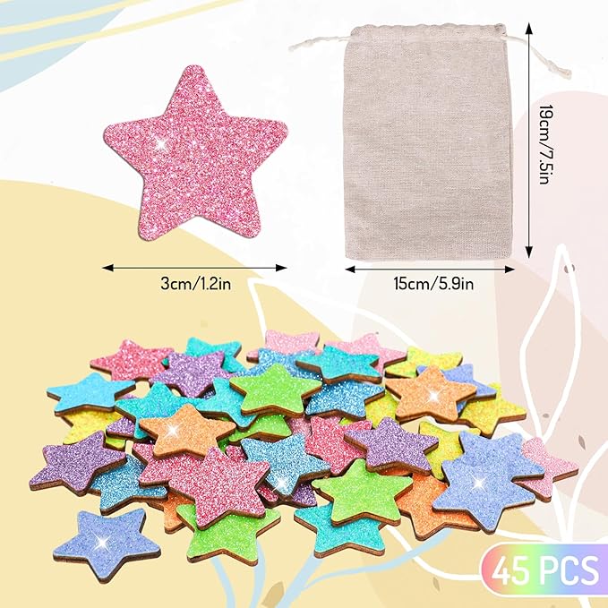 FYSUIMU 45 Pcs Glitter Star Extra Tokens for Reward Jar Macaron Colored Star Shape Wooden Cutouts Tokens with Linen Pocket for Back to School Classroom Student Teacher