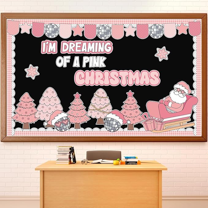 ojustbeok Pink Christmas Bulletin Board Set Xmas Santa Bulletin Board Decoration Christmas Tree Snowman Paper Cutouts for School Classroom Home Chalkboard Wall Xmas Winter Holiday Party Supplies