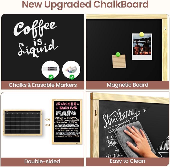 2-in-1 Double-Sided Magnetic Chalkboard 24"x16", Chalk Calendar Board & Large Blackboard for Kitchen & Home Decor, Schedule, Menu, Back-to-School Gift - Hanging Chalk Board with 2 Liquid Pens, Wood