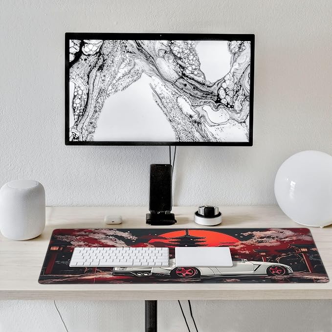 Large Car Mouse Pad 35.4 x 15.7 Inch, Extended Japanese Night Scene Desk Mat, Non-Slip Rubber Base, Washable Surface, Perfect for Gaming, Work & Aesthetic Desk Setup