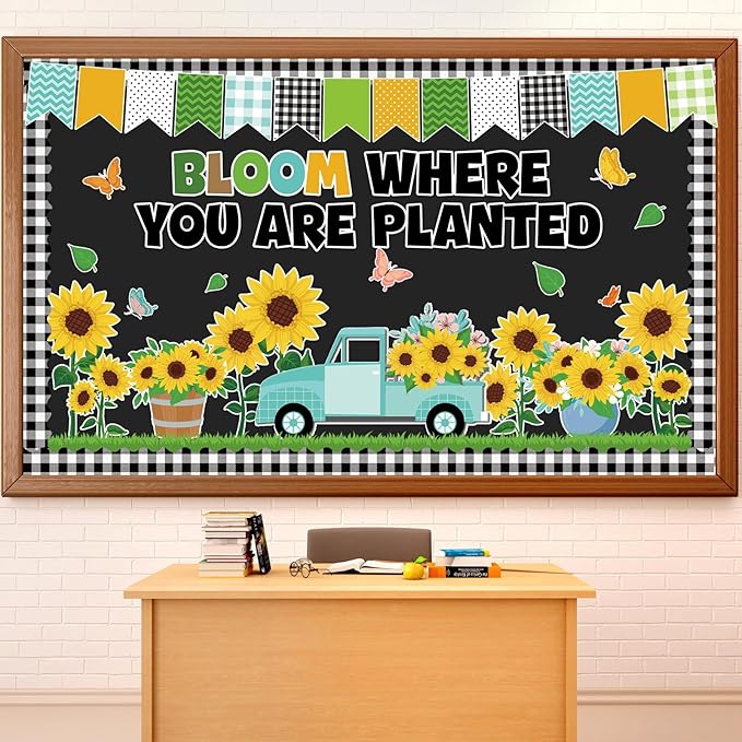 Spring Sunflower Bulletin Board Decoration Set Sunflowers Truck Cutouts Spring Motivational Sayings Butterfly Bulletin Board with Black Plaid Borders for Classroom Wall Door Decor