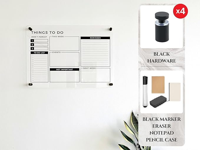 Large Dry Erase Calendar Board - Reusable To Do List & Reminder Wall Calendar, Schedule Organizer, Acrylic Wall Planner, Housewarming Gift (Black Standoff, 24"x18")