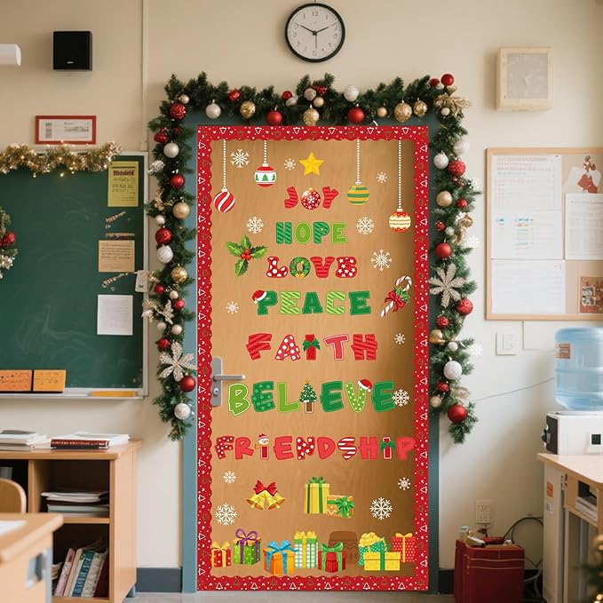 Funrous 93 Pcs Christmas Bulletin Board Decoration Set Xmas Tree Classroom Bulletin Board Decor Christmas Paper Cutouts with Borders for Xmas Winter Holiday Party School Classroom Wall Decorations