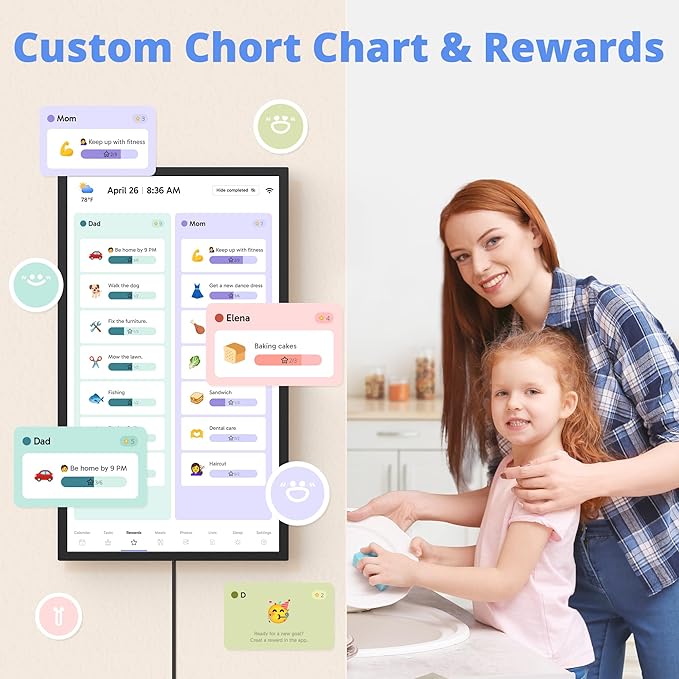 Digital Calendar 24 Inch Touch Screen, Electronic Wall Calendar Chore Chart for Family Monthly/Weekly Planner, Interactive Display Smart Calendar for Home Organization, Desk Mount Included - Black