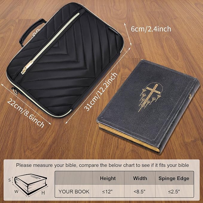 Bible Cover Case for Women, Large Bible Bag with Shoulder Strap,Quilted Bible Carrying Case with Handle, Bible Study Supplies & Christian Gift for Women, Black