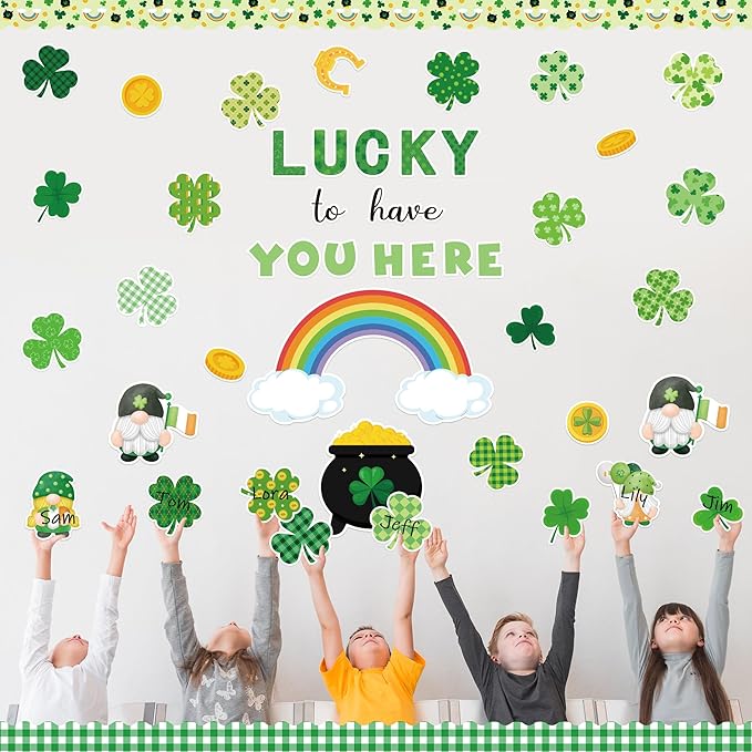 145Pcs St. Patrick's Day Bulletin Board Classroom Decoration Lucky to Have You Here Cutouts Irish Shamrock Gnome Name Tags Green Plaids Border Trim School Chalkboard Home Wall Door Party Decor