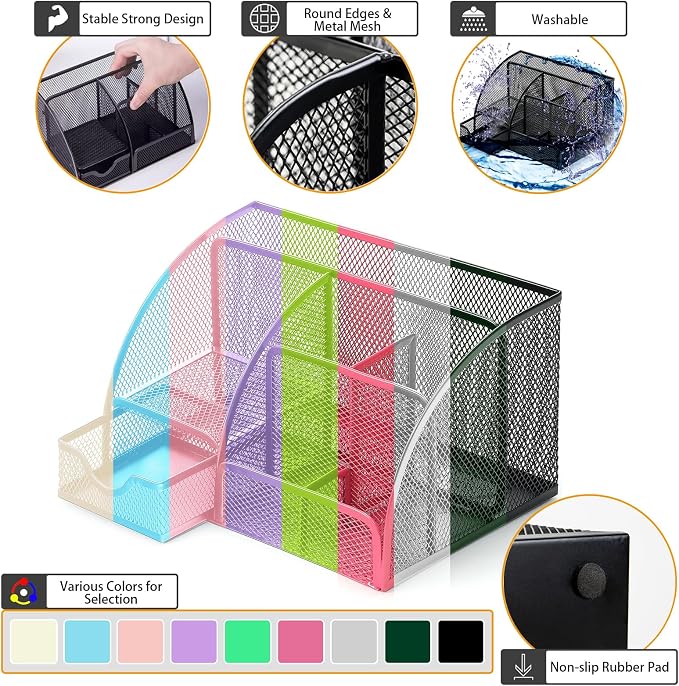 Boutilon Mesh Desk Organizer Desktop Office Supplies Stationary Organizer with 6 Compartments and 1 Drawer Multi-Functional Caddy Pen Holder for Home Office School Desk Decor(Light Blue)