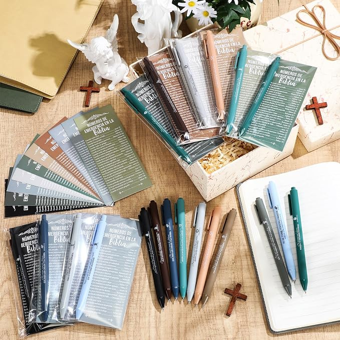 Feifeiya 50 Sets Christian Fathers Day Gifts Bulk Religious Pens Bible Verse Emergency Numbers Bookmark Scripture Catholic Gift for Women Men Church Welcome Sunday School(Boho Color,Spanish)