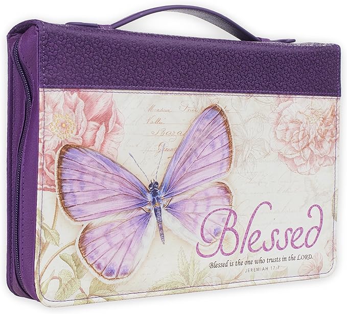 Christian Art Gifts Women's Fashion Bible Cover Blessed Butterfly Jeremiah 17:7, Purple Floral Faux Leather, XL