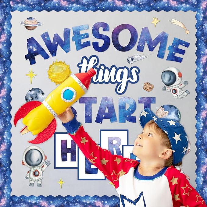 FYSUIMU 52 Pcs Outer Space Bulletin Board Decoration Set Awesome Things Start Here Cutouts Galaxy Astronaut Inspirational Paper Cutting with Glue Points for Back to School Party Classroom Wall
