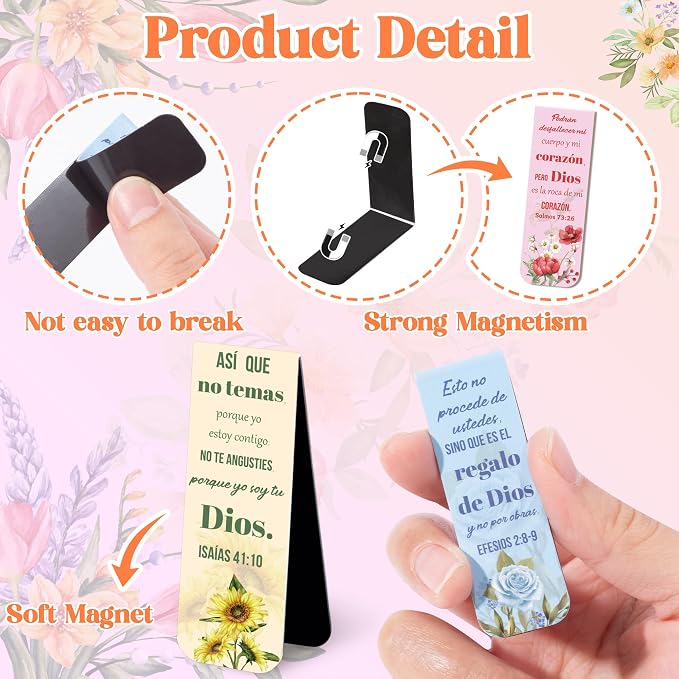 Haooryx Spanish Bible Verse Magnetic Bookmark - 48pcs Floral Spanish Scripture Verse Inspirational Magnetic Clip Bookmark Religious Motivational Page Marker Christian Gift Church Christmas Party Favor