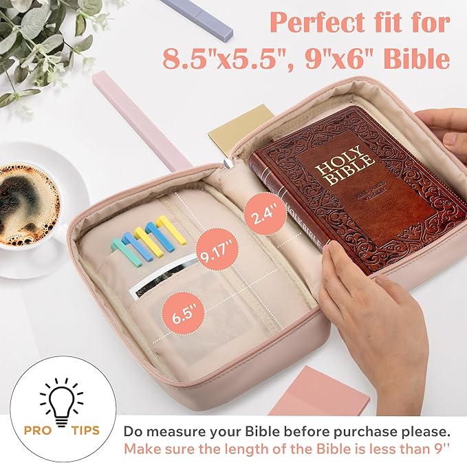 Small Bible Cover Case for Women and Men, 9x6 PU Leather Bible Sleeve, Compact Travel Bible Carrier Bag with Front Pen Holders, Zipper Closure, Inner Pockets - Beige