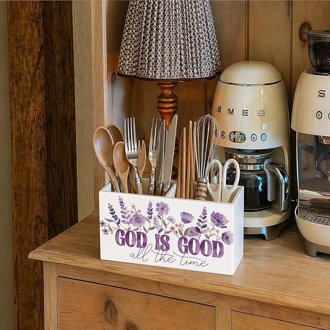 Purple Floral Christian Pen Pencil Holder for Desk Christian Gifts for Women, God is Good All the Time Bible Verse Pencil Holders Wooden Box Organizer for Home Office Bedroom Desk Tabletop