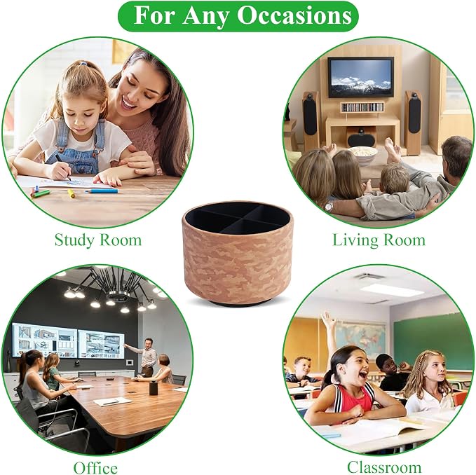 Round Leather Art Supply Organizer,Remote Control Holder,360 Degree Rotating,Multi-Functional Pencil Holder,4 Compartments Desktop Stationary Organizer(1-Camouflage Brown)