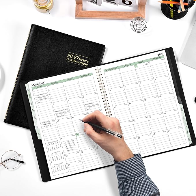 2026-2027 Planner - 11.38'' x 8.74'', Weekly & Monthly Planner Notepad, JUL. 2026 - JUN.2027, Appointment Book 2026-2027, 60 Minutes Interval, Monthly Tabs, Faux Soft Leather, Spiral Bound - Black