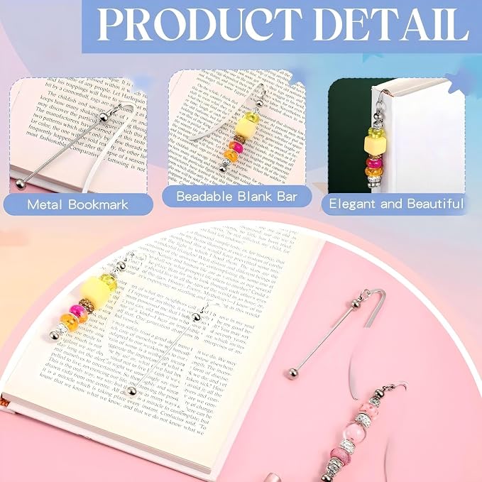 Dunzoom 4 Pcs Beadable Bookmarks DIY Metal Blank Bar Modern Bookmark Craft Jewelry Pendant Charm Gift for Book Lovers Student Teacher Office Supplies(Classic)
