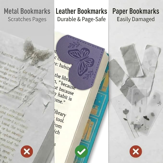 Leather Heart Bookmarks for Women - 6 Pcs Butterfly Embossed Corner Page Bookmarks, Cute Book Marks Gift for Book Lovers Teachers Students, Butterfly Gifts for Women Reading Accessories