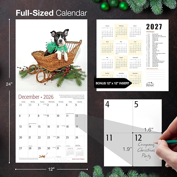MICASA PRESS Boston Terrier Puppies 2026 Wall Calendar 12 Month | 12" x 24" Open | Thick & Sturdy Paper | Giftable | Cute Puppy Dog Calendar 2026