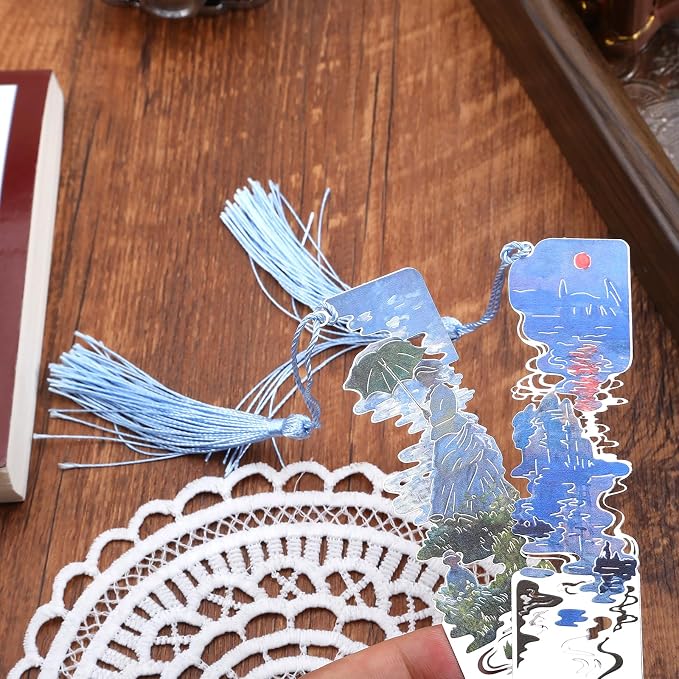 2 Metal Bookmarks with Tassel, Oil Painting Woman with a Parasol and Impression Sunrise