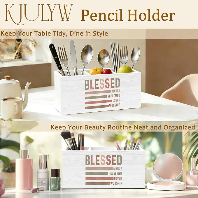 Boho Christian Pen Holder for Desk, Christian Gifts for Women Faith, Blessed Religious Bible Verse Wooden Box Pencil Pen Holder Organizer for Home Office Desk Accessories