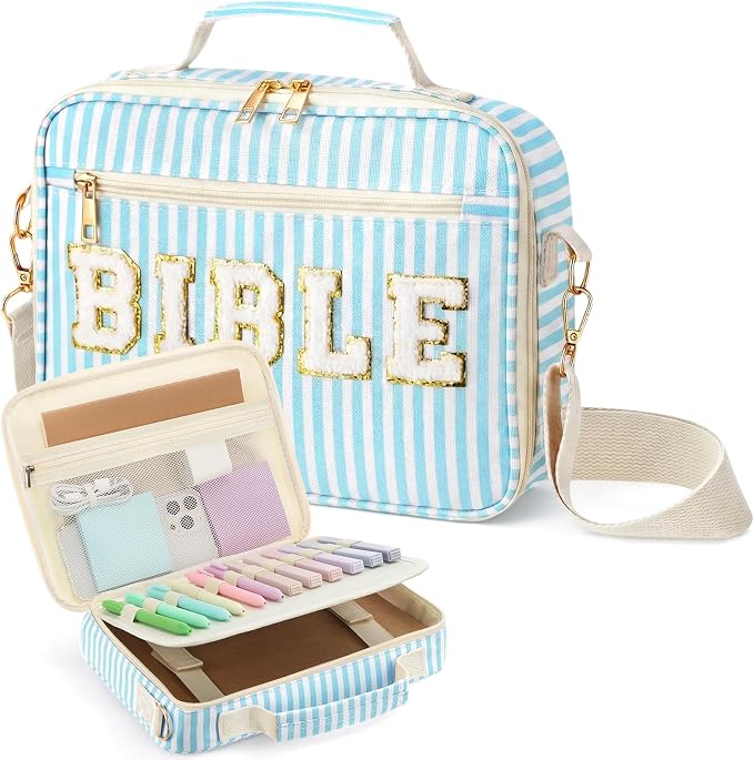 Dansydaisy Bible Cover Case for Women Large Chenille Letter Stripe Church Bible Bag with Shoulder Strap for Women(Sky Blue)