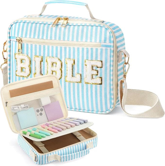 Dansydaisy Bible Cover Case for Women Large Chenille Letter Stripe Church Bible Bag with Shoulder Strap for Women(Sky Blue)