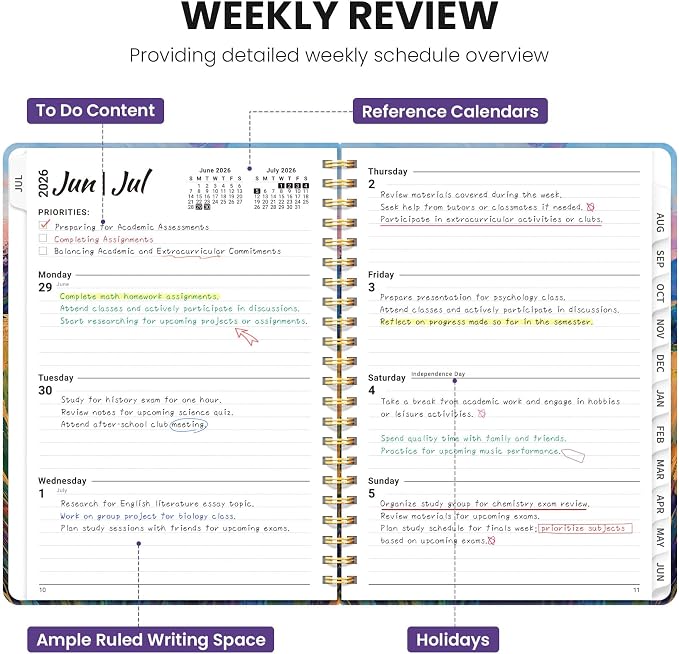 Planner 2026–2027, Academic Planner Weekly and Monthly Calendar Jul 2026 – Jun 2027 Hardcover Planner with Tabs and Pocket, Spiral Bound Agenda Book for Student & Teacher, 6.3" x 8.5", Golden Meadow