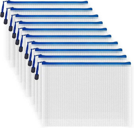 10 Pcs Zipper File Bags, Waterproof Plastic Mesh Pouch for Office School, Board Game Storage Bags (B5 Size 11.4''x8.2'', White and Blue)