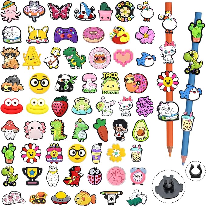 60PCS Pencil Toppers,Cute Pencil Charms for Students Bulk School Teacher Supplies Fun Pen Toppers Charms,PVC Pencils Clips Accessories Random Different Pencils Decor Classroom Rewards Prizes gifts