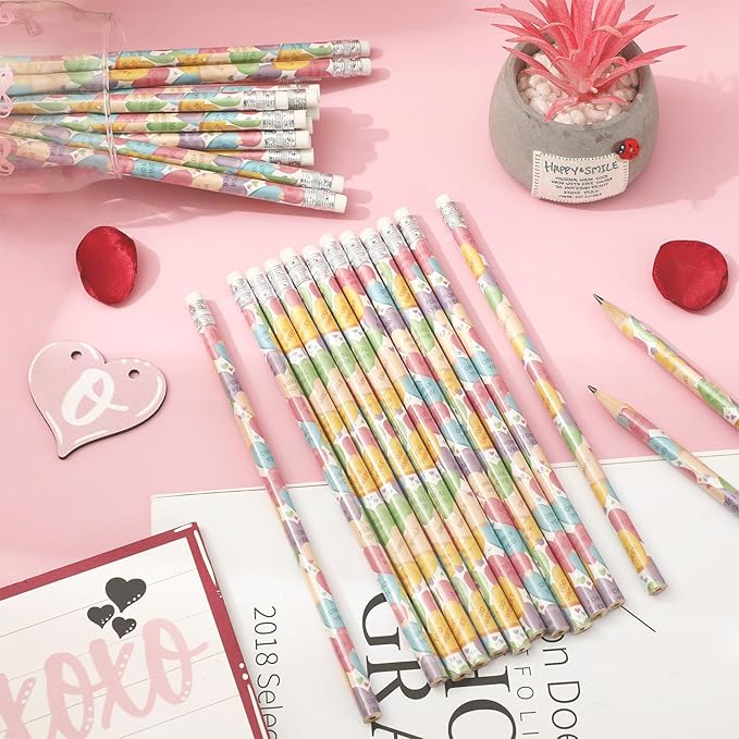 Whaline 36Pcs Valentine Pencils with Erasers Conversation Heart Pencil Candy Color Love Heart Wood Pencils For Valentine Exchange Gifts Giveaways Classroom Rewards School Supplies