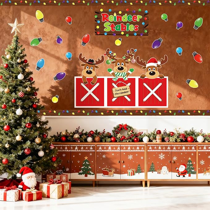 55 Pcs Christmas Elk Bulletin Board Set Xmas Reindeer Stable Cardboard for Decor Winter Bulletin Board Decorations Elk Paper Cutouts for Wall Classroom Holiday School Party Supplies