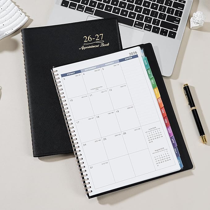 Appointment Book/Planner 2026-2027 - Weekly Appointment Book 2026-2027, July 2026 - June 2027, Daily/Hourly Planner with Tabs, 15 Minutes, 8.26" x 11.4", Wirebound - Black