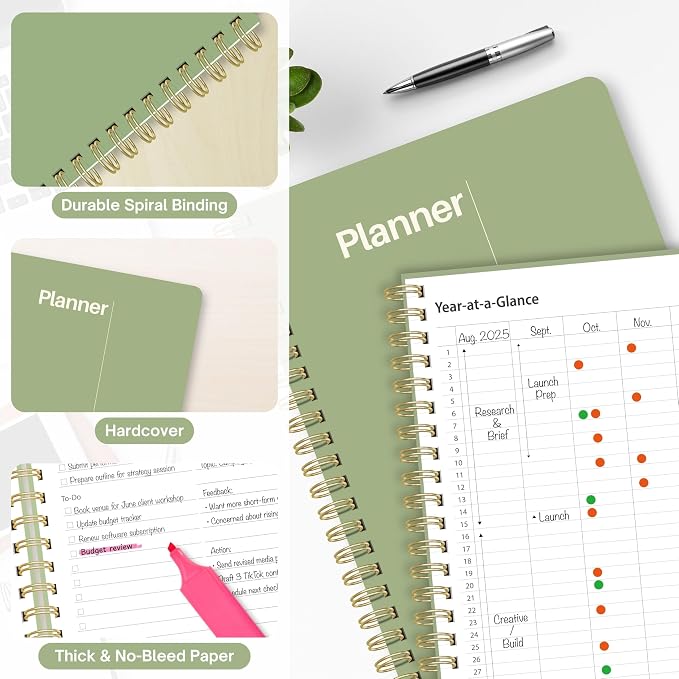Undated Weekly Planner, 8.5" x 11", Dashboard Layout with Yearly Review, Monthly Calendars, & Weekly To Do List, Spiral Bound Organizer for Work, Study & Life (Green)