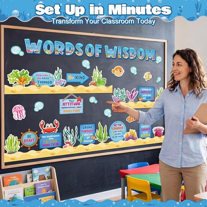 Qilery Ocean Theme Bulletin Board Set, Under the Sea Motivational Classroom Decor, Words of Wisdom Inspirational Cutouts, Back to School Teacher Supplies, Positive Affirmation Wall Decor