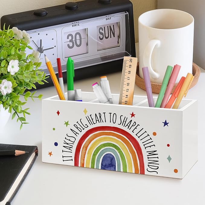 Boho Rainbow Teacher Pen Holder, Teacher Appreciation Gifts Office Pen Pencil Holder Organizer for Desk Accessories, Boho Rainbow Wooden Box Desk Decor for Office Classroom Desk Decorations