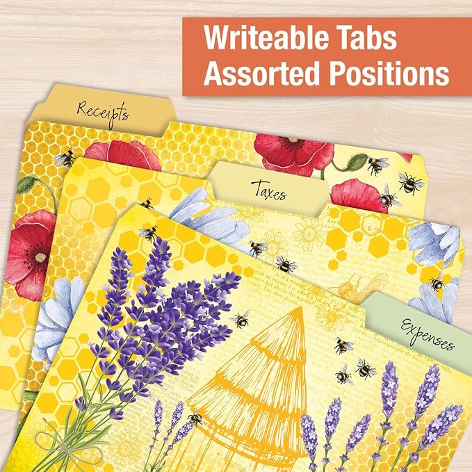 Current Bee Friends File Folders Value Pack - Bulk Set of 24, 6 Pretty Decorative Designs, 1/3 Cut Tabs, Heavy-Duty Paper Stock, Office Supplies for Home & Work, 9-½” x 11-¾” Letter Size