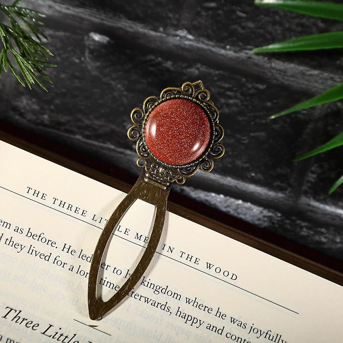 1Pcs Vintage Goldstone Bookmark with Natural Crystal Stone - Fantasy Brass Metal Bookmarks for Reading Women, Men, Book Lovers, Girls and Teachers Book Marks(Goldstone)